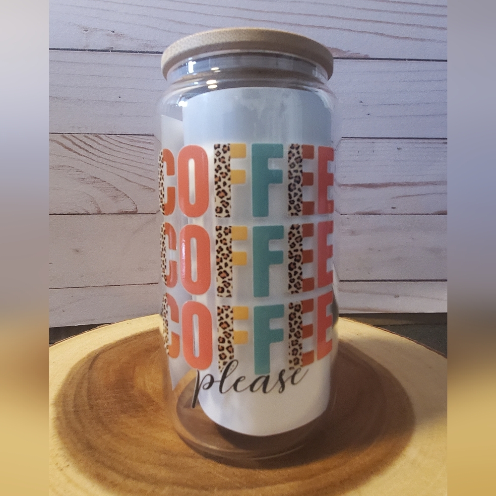 🎁🆓️ w/ purchase Colorful COFFEE Please Glass Tumbler Bamboo Lid Straw NEW